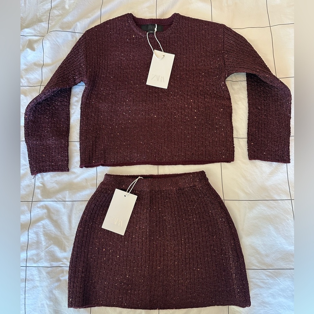 Zara Burgundy Knit Matching Set - Top & Skirt